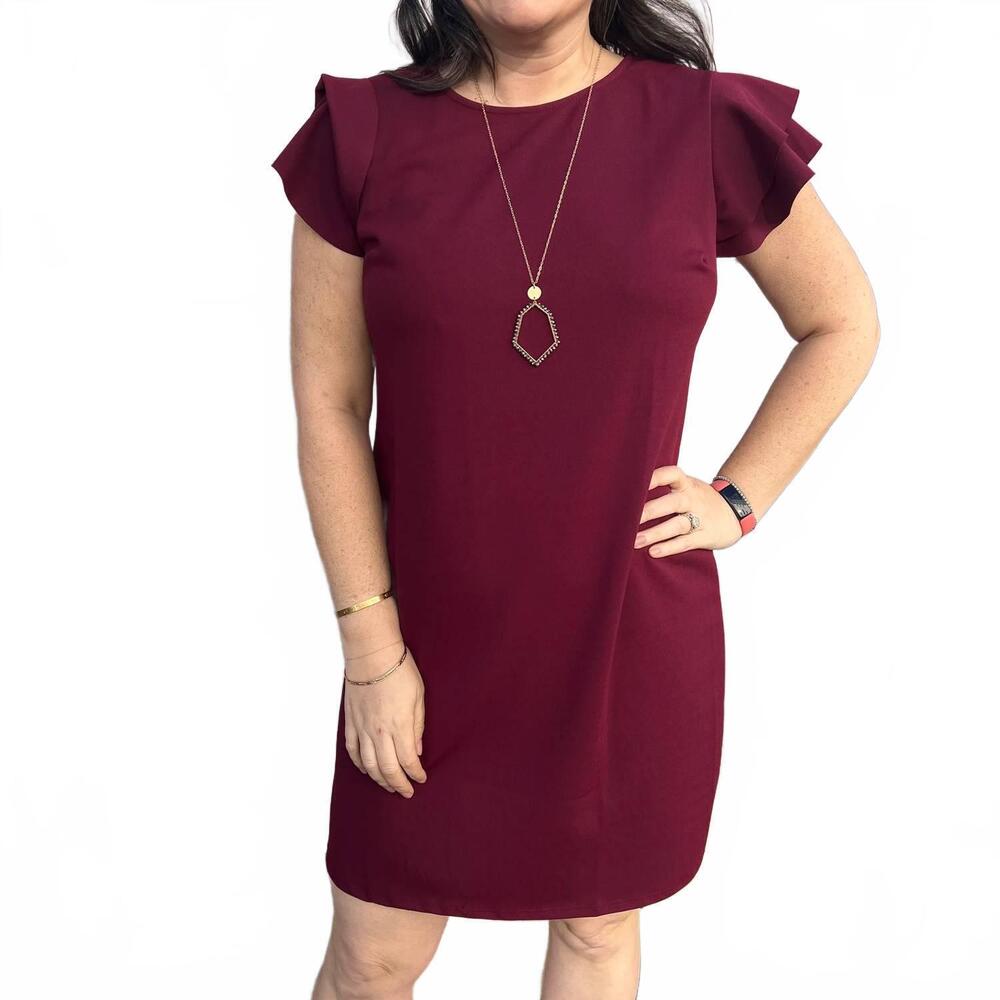 NEW CES FEMME ruffle sleeves solid tunic dress in wine